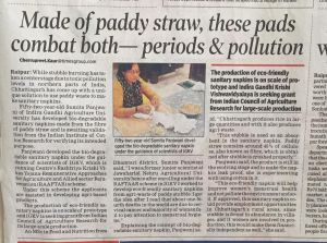 Sanitary napkins out of paddy straw developed by incubate of IGKV R-ABI Ms Sumita Panjwani covered in TOI article